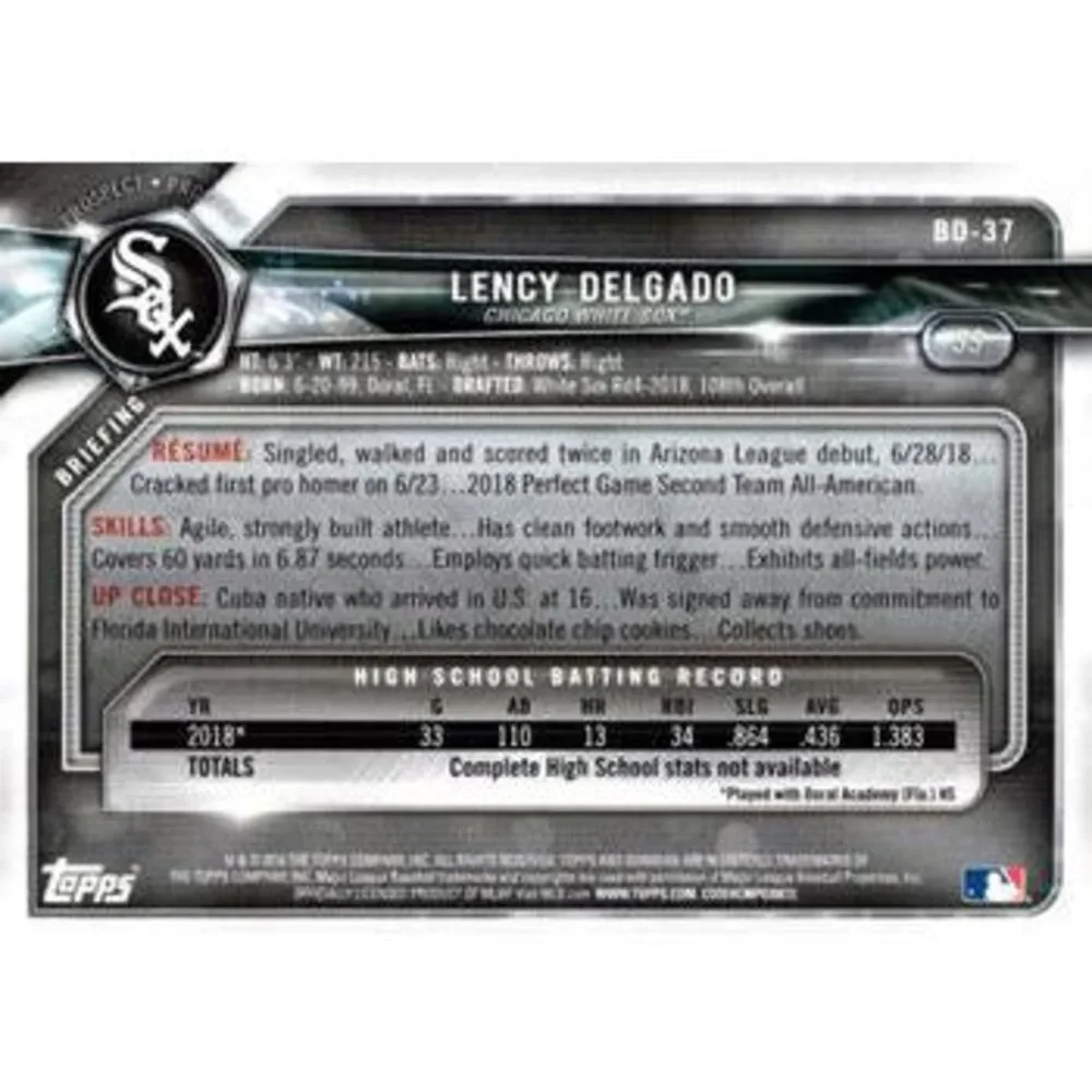 2018 Bowman Draft Lency DelgadoÂ  FBC BD-37 Chicago White Sox